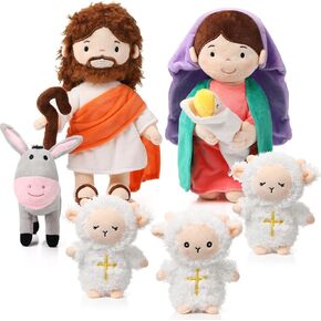 Hydren 6 PCS Plush Nativity مجموعة دمية دينية مسيحية 11 بوصة القديس يوسف العذراء مريم مع الطفل يسوع وحمل الحمير ، هدايا من أجل عيد الفصح الحضانة الدينية.