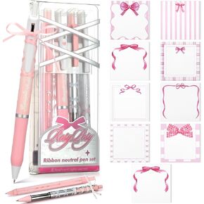 Thenshop 17 PCS Coquette School Supplies 8 Pink Bow Pens 9 Pink Sticky Notes Bow Notepad Retractable Coquette Aealthetic Asesthetic Pens 0.5 مم حبر هلام أسود للعودة إلى مدرسة مكافآت الفصل الدراسي.