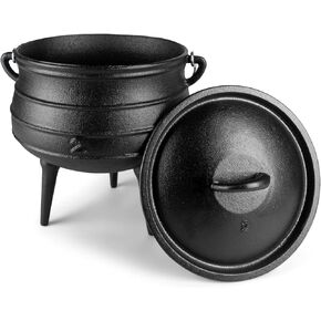 Bruntmor Pre-Seasoned Cast Iron Cauldron - African Potjie Pot with Lid - 3 Legs for Even Heat Distribution - Camping Dutch oven Cookware for over-the-fire Cooking - 10 Quarts (X-Large)