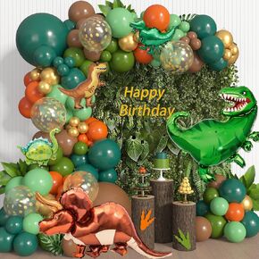 161Pcs Dinosaur Balloons Arch Garland Kit, Green and Brown Orange Foil Dino Balloons Palm Leaves for Dinosaur Birthday Party Jungle Safari Themed Baby Shower Boys Kids Party Supplies