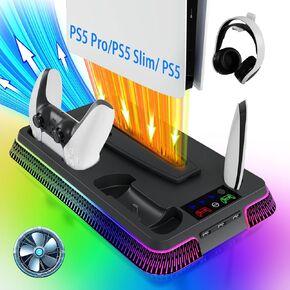 PS5 Cooling Station,PS5 Slim Stand with Controller Charging Station for PS5 Slim&Standard Disc/Digital Console and PS5 Pro, PS5 Accessories Incl. Charger/Turbo Fan/USB Hub/Headset Holder/RGB light