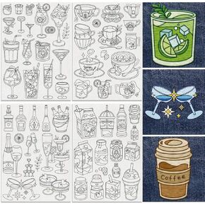 54pcs مشروبات تثبيت نمط التطريز ، 8.3 "x11.7" الكوكتيلات شاي حليب ماء عصا القابلة للذوبان وغرزة ملصق تطريز ، 4 صفائح عصير القهوة يدوية الخياطة ورقة تطريز ديي.