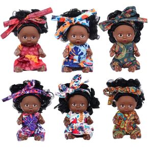 6 Pack 4 Inch African Girl Dolls Set - Black Mini Dolls with Colorful Outfits & Hairbands – Gift for Girls 3-6, 6-12 Educational Toys & Decorative Figures