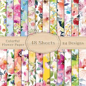 48PCS Floral Pattern Paper Double Sided Watercolor Flower Scrapbook Specialty Paper Colorful Flower Decorative Papers Folded Flat for DIY Card Making Photo Album Journal Crafts Decorations 11.4X11.4in