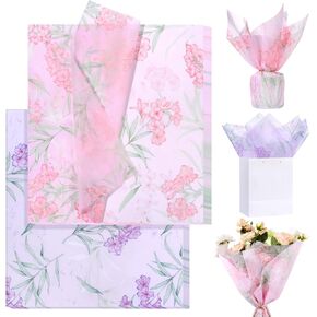 Floral Tissue Paper for Gift Bags 20 Sheets Non-Woven Fabric Waterproof Wrapping Paper Lily of the Valley Greenery Tissue Paper Watercolor Pink Flower Bouquet Wrap Paper Gift Packing Paper - 22"×20"