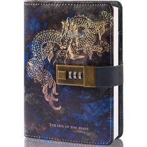 مذكرات Cagie مع قفل A6 Small Locking Diary Locking Journal للبالغين PU Leather Binder 6 Rings Elcling ، Dragon ، 6.9in × 4in
