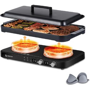AMZCHEF Double Induction Cooktop with Removable Iron Cast Griddle Pan Non-stick, 1800W 2 burner Portable Induction Stove With Sensor Touch 9 Power Levels, 99 Min Timer, Iron Grey