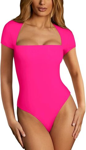 REORIA Womens Sexy Square Neck Double Lined Shirt Stretchy Short Sleeve Going Out Thong Bodysuit Tops in Kuwait