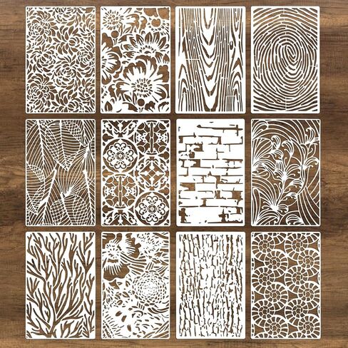 12Pcs Mixed Stencils for Painting, Art Stencils for Crafts Reusable, Wood Grains Flower Texture Templates Spider Web Layering Spray Paint Stencils Kit on Wall Canvas Cake Card DIY (11×7'') in Saudi Arabia