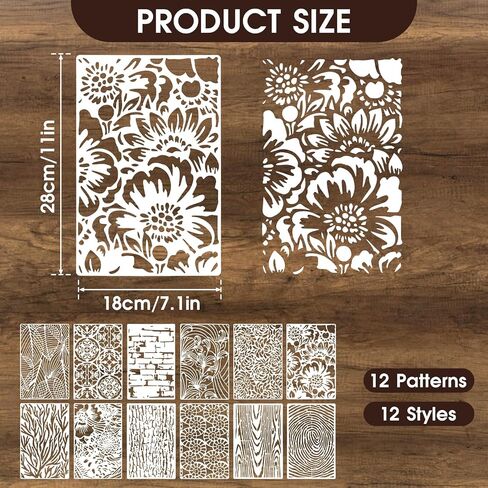 12Pcs Mixed Stencils for Painting, Art Stencils for Crafts Reusable, Wood Grains Flower Texture Templates Spider Web Layering Spray Paint Stencils Kit on Wall Canvas Cake Card DIY (11×7'') in Saudi Arabia
