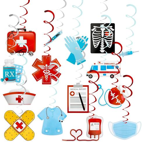 ممرضات أسبوع معلقة زخارف دوامة ، 30 جهاز كمبيوتر حمراء وأزرق الممرضات التخرج لوازم الحفلات إحباط دوامة السقف الشكر/Happy Nurse Doctor Medical RN Gifts Bulk Party Birthday in Kuwait