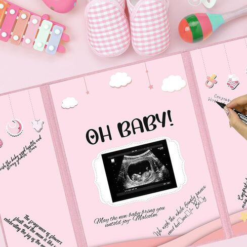 Crenics Baby Shower Decorations for Girl, Cute Baby Shower Signature Board with Picture, Pink Baby Shower Guest Book Alternatives 18" x 12", Creative Baby Shower Keepsake for Girls in Saudi Arabia