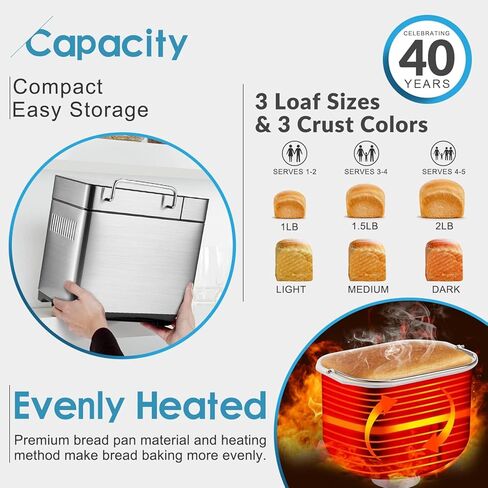 19-in-1 Smart Dual Heaters Bread Maker With Heat-Conductive Nonstick Ceramic Pan, Quiet Bread Machine with 15H Timer & 1H Keep Warm, Stainless Steel BreadMaker with French, Gluten-Free,Sourdough in Kuwait