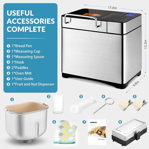 19-in-1 Smart Dual Heaters Bread Maker With Heat-Conductive Nonstick Ceramic Pan, Quiet Bread Machine with 15H Timer & 1H Keep Warm, Stainless Steel BreadMaker with French, Gluten-Free,Sourdough in Kuwait