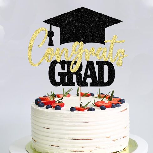 Glitter Congrats Grad Cake Topper ، 2025 Decorations Treaugue Party - College College College College Congrats Grad Party Cake Decorations Supplies (Black Gold) in Kuwait