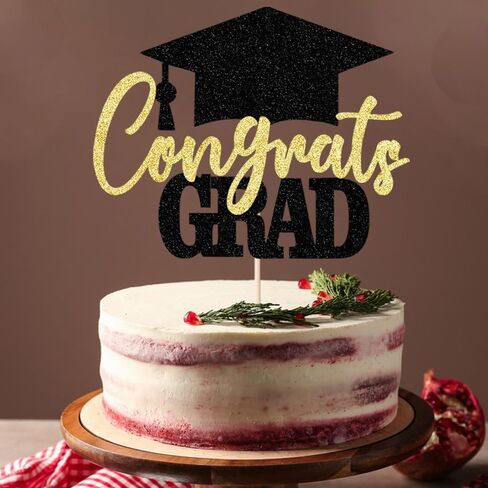 Glitter Congrats Grad Cake Topper ، 2025 Decorations Treaugue Party - College College College College Congrats Grad Party Cake Decorations Supplies (Black Gold) in Kuwait