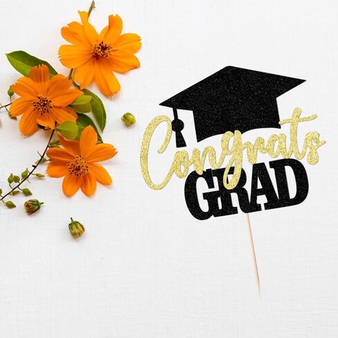 Glitter Congrats Grad Cake Topper ، 2025 Decorations Treaugue Party - College College College College Congrats Grad Party Cake Decorations Supplies (Black Gold) in Kuwait