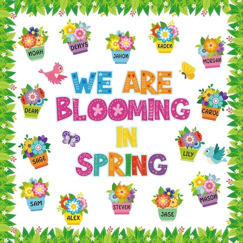 Kosiz Spring Flowerpot Bulletin Board Decorations Set We are Blooming in Spring Classroom Decorations Colorful Flower Paper Cutouts with Green Leaf Borders for School Wall Chalkboard Door Party in Kuwait