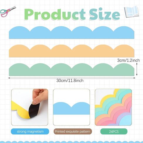 24 Pcs Scalloped Magnetic Borders for Classroom Bulletin Board Decorations, 8 Colors 236 ft Magnetic Whiteboard Strips Bulletin Board Trim for School Classroom Office Decoration (Light Boho) in Saudi Arabia