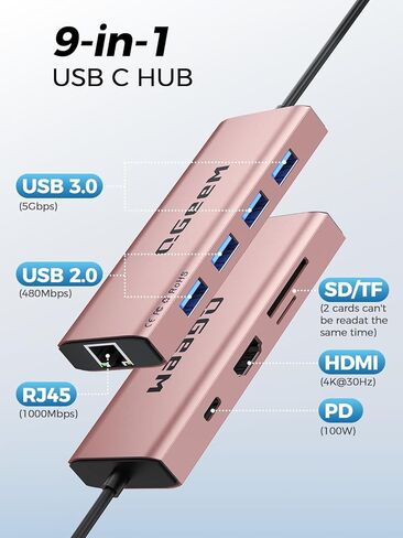QGeeM USB C Hub Ethernet,9 in 1 USB Type C Hub HDMI Multi-Port Converter Adapter,100W Pd, USB 3.0,SD/TF Card Reader,Compatible for MacBook Pro Air Ipad HP Dell Lenovo Chromebook etc. in Kuwait