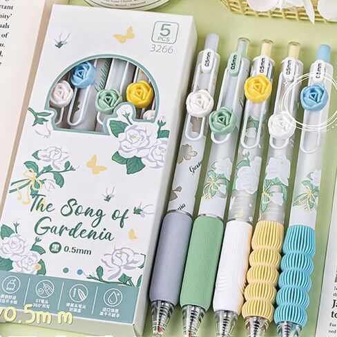 5 PCS Gel Ank Ambens Als Arractable Pens Cute Flower Pen 0.5mm Black Ink Writing Office Office School Schools Schools Mosthetic Asythetic for Women Girls (Purple) in Kuwait