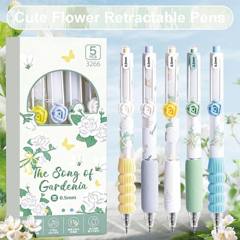 5 PCS Gel Ank Ambens Als Arractable Pens Cute Flower Pen 0.5mm Black Ink Writing Office Office School Schools Schools Mosthetic Asythetic for Women Girls (Purple) in Kuwait