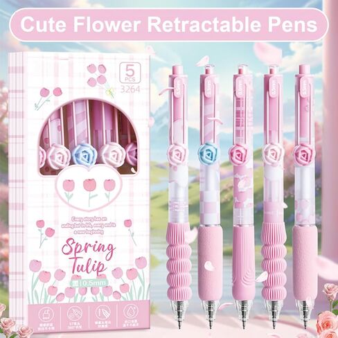 5 Pcs Gel Ink Pens Retractable Pens Cute Flower Pen 0.5mm Black Ink Writing Pen Office School Supplies Aesthetic Pens for Women Girls (Purple) in Kuwait