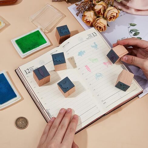 OLYCRAFT 6pcs 6 Styles Wooden Rubber Stamps Shrimp Fish Wooden Stamp Round Wood Stamp Natural Wood Stamp Small Mini Cattle Stamp for Card Making DIY Craft Letter Diary and Craft Scrapbooking in Saudi Arabia