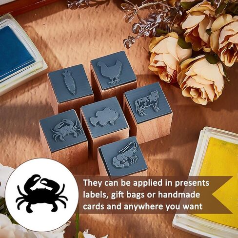 OLYCRAFT 6pcs 6 Styles Wooden Rubber Stamps Shrimp Fish Wooden Stamp Round Wood Stamp Natural Wood Stamp Small Mini Cattle Stamp for Card Making DIY Craft Letter Diary and Craft Scrapbooking in Saudi Arabia