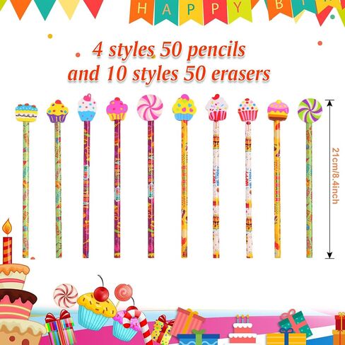 100 Pieces Happy Birthday Pencils Cake Balloons Wood Pencils with Giant Birthday Eraser Assortment Birthday Party Gifts for Office Supplies in Kuwait