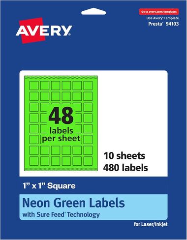 Avery Printable Square Labels with Sure Feed Technology, 1" x 1", Neon Green Labels, Print-to-The-Edge, Laser/Inkjet, 480 Total, Great for Soap Labels and QR Code Labels in Kuwait