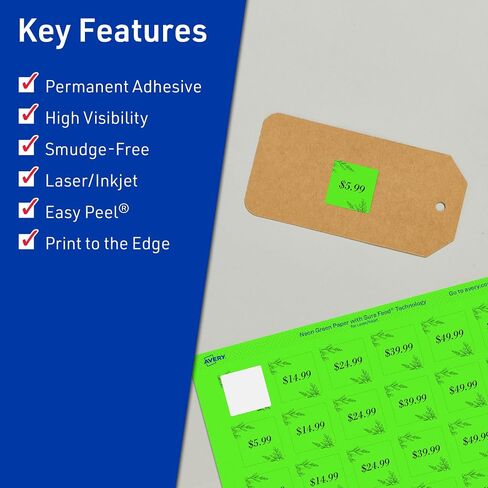 Avery Printable Square Labels with Sure Feed Technology, 1" x 1", Neon Green Labels, Print-to-The-Edge, Laser/Inkjet, 480 Total, Great for Soap Labels and QR Code Labels in Kuwait