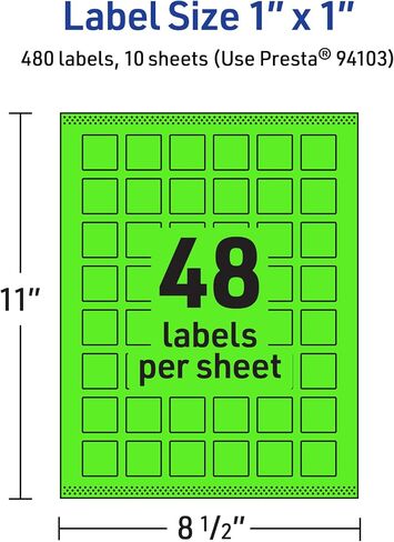 Avery Printable Square Labels with Sure Feed Technology, 1" x 1", Neon Green Labels, Print-to-The-Edge, Laser/Inkjet, 480 Total, Great for Soap Labels and QR Code Labels in Kuwait
