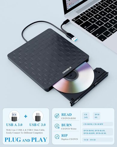 External CD DVD Drive for Laptop, USB 3.0 Type-C Ultra Slim 13mm DVD Player Portable CD DVD +/-RW Drive CD Burner Reader Writer Recorder for Desktop PC Windows 11/10/8/7 Linux Mac OS (White) in Saudi Arabia
