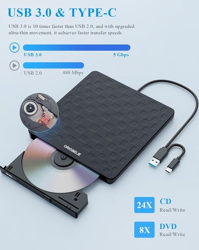 External CD DVD Drive for Laptop, USB 3.0 Type-C Ultra Slim 13mm DVD Player Portable CD DVD +/-RW Drive CD Burner Reader Writer Recorder for Desktop PC Windows 11/10/8/7 Linux Mac OS (White) in Saudi Arabia