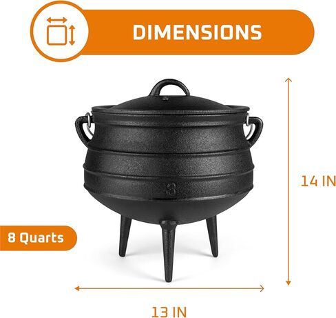 Cauldron من الحديد الزهر Bruntmor - وعاء بوتجي أفريقي مع غطاء - 3 أرجل حتى لتوزيع الحرارة - أدوات طبخ الفرن الهولندية للتخييم للطهي فوق النار - 10 كوارت (X -Large) in Kuwait