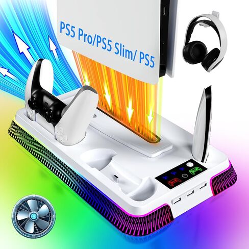 PS5 Cooling Station,PS5 Slim Stand with Controller Charging Station for PS5 Slim&Standard Disc/Digital Console and PS5 Pro, PS5 Accessories Incl. Charger/Turbo Fan/USB Hub/Headset Holder/RGB light in Kuwait