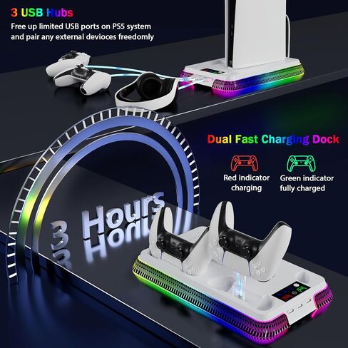 PS5 Cooling Station,PS5 Slim Stand with Controller Charging Station for PS5 Slim&Standard Disc/Digital Console and PS5 Pro, PS5 Accessories Incl. Charger/Turbo Fan/USB Hub/Headset Holder/RGB light in Kuwait