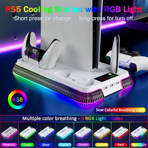PS5 Cooling Station,PS5 Slim Stand with Controller Charging Station for PS5 Slim&Standard Disc/Digital Console and PS5 Pro, PS5 Accessories Incl. Charger/Turbo Fan/USB Hub/Headset Holder/RGB light in Kuwait