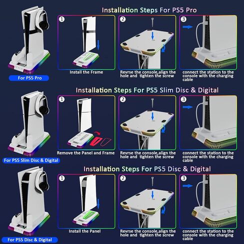 PS5 Cooling Station,PS5 Slim Stand with Controller Charging Station for PS5 Slim&Standard Disc/Digital Console and PS5 Pro, PS5 Accessories Incl. Charger/Turbo Fan/USB Hub/Headset Holder/RGB light in Kuwait