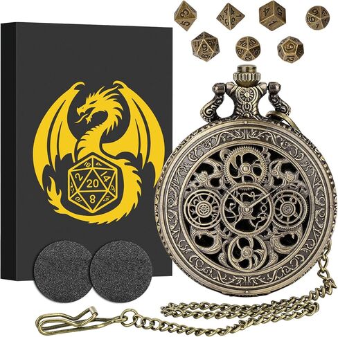 Mini DND Dice Set with Steampunk Hollow Gear Pocket Watch Case, Tiny 7-Piece Polyhedral Metal D&D Dice, DND Gifts with Gift Box, Role Playing Game Board Game Accessories Dice, Bronze in Kuwait