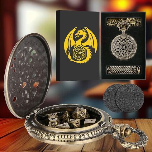 Mini DND Dice Set with Steampunk Hollow Gear Pocket Watch Case, Tiny 7-Piece Polyhedral Metal D&D Dice, DND Gifts with Gift Box, Role Playing Game Board Game Accessories Dice, Bronze in Kuwait