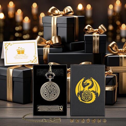 Mini DND Dice Set with Steampunk Hollow Gear Pocket Watch Case, Tiny 7-Piece Polyhedral Metal D&D Dice, DND Gifts with Gift Box, Role Playing Game Board Game Accessories Dice, Bronze in Kuwait