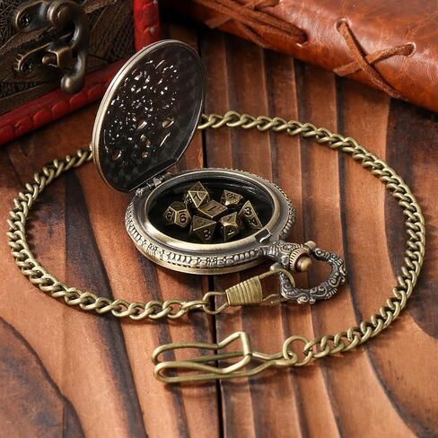 Mini DND Dice Set with Steampunk Hollow Gear Pocket Watch Case, Tiny 7-Piece Polyhedral Metal D&D Dice, DND Gifts with Gift Box, Role Playing Game Board Game Accessories Dice, Bronze in Kuwait