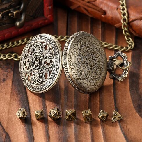 Mini DND Dice Set with Steampunk Hollow Gear Pocket Watch Case, Tiny 7-Piece Polyhedral Metal D&D Dice, DND Gifts with Gift Box, Role Playing Game Board Game Accessories Dice, Bronze in Kuwait