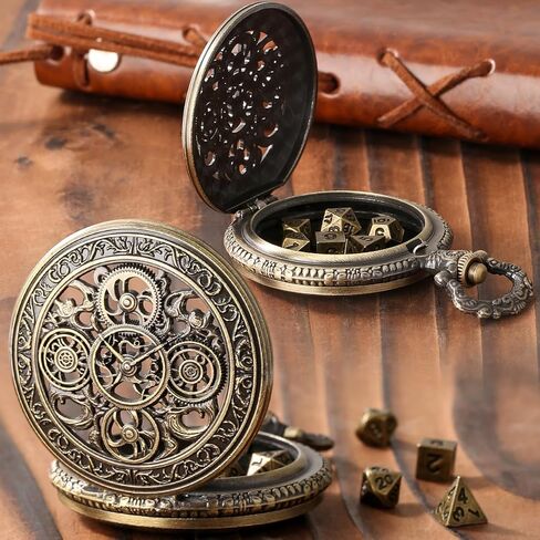 Mini DND Dice Set with Steampunk Hollow Gear Pocket Watch Case, Tiny 7-Piece Polyhedral Metal D&D Dice, DND Gifts with Gift Box, Role Playing Game Board Game Accessories Dice, Bronze in Kuwait