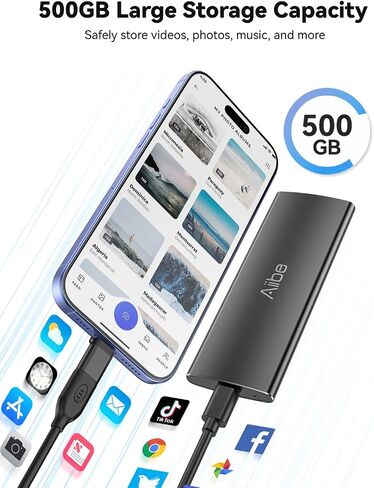 Aiibe 1TB External Solid State Drive USB C Portable SSD USB 3.2 Gen 2, Up to 1050MB/s, 1TB External SSD External Hard Drive for iPhone 15/Pro, Laptop, Mac and PS4 (Black) in Kuwait