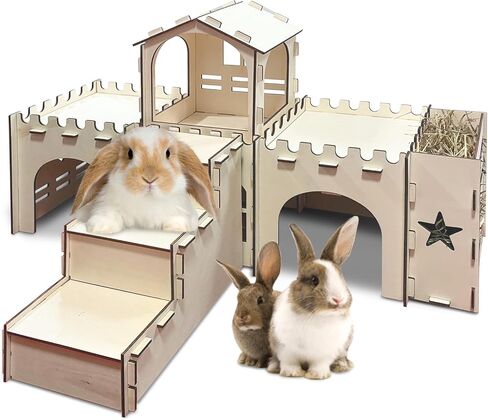 PINVNBY Wooden Bunny House, Extra Large Guinea Pig Castle with Hay Feeder, Detachable Indoor Wood Rabbit Hideout for Small Animal Hamster Chinchilla Climbing Play Hideaway Hut in Kuwait
