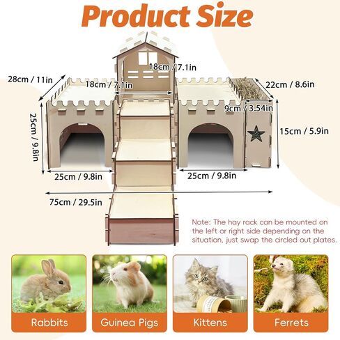 PINVNBY Wooden Bunny House, Extra Large Guinea Pig Castle with Hay Feeder, Detachable Indoor Wood Rabbit Hideout for Small Animal Hamster Chinchilla Climbing Play Hideaway Hut in Kuwait