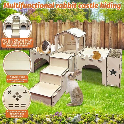 PINVNBY Wooden Bunny House, Extra Large Guinea Pig Castle with Hay Feeder, Detachable Indoor Wood Rabbit Hideout for Small Animal Hamster Chinchilla Climbing Play Hideaway Hut in Kuwait